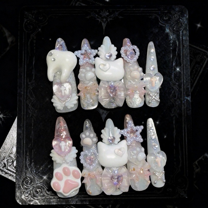 10PCS Kuku Palsu Stiletto 3D M - Cat Claw Bark ulasan dan harga